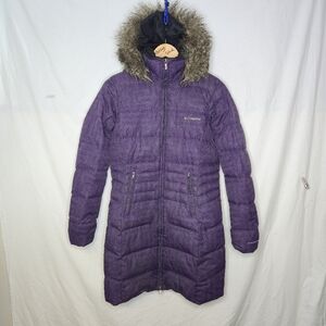 Columbia Ladies Purple Puffer Style Long Winter Jacket With Hood Size Medium